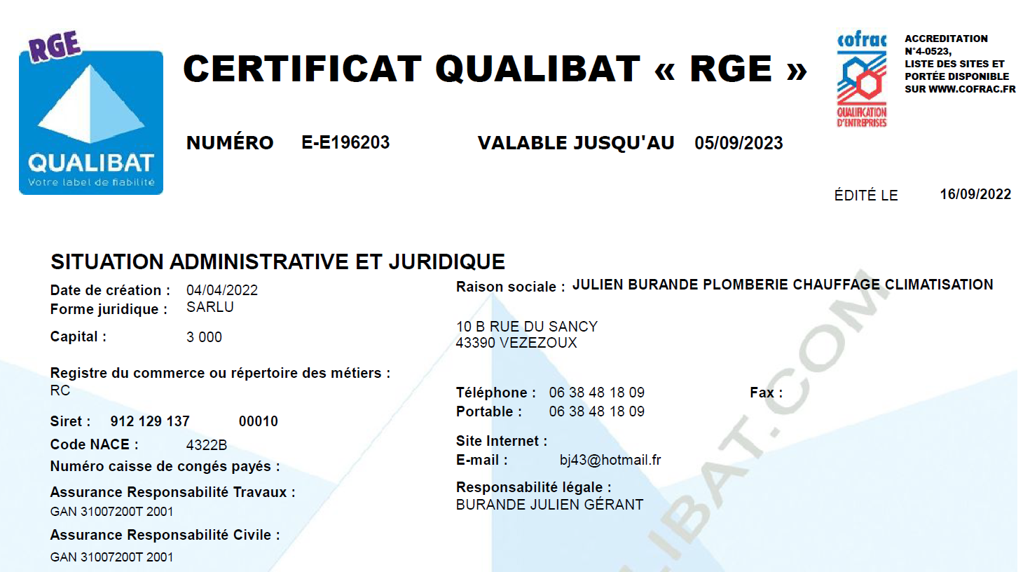 Certificat Qualibat RGE de Julien Burande